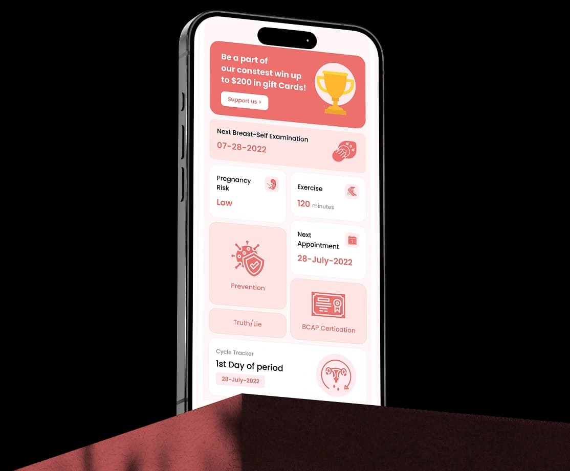 BrestInform home screen with the next self-examination date, pregnancy risk, exercise minutes and next appointment