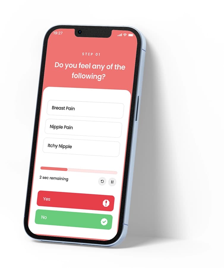 BrestInform symptom check asking whether the user feels breast pain, nipple pain or an itchy nipple, with Yes and No answers