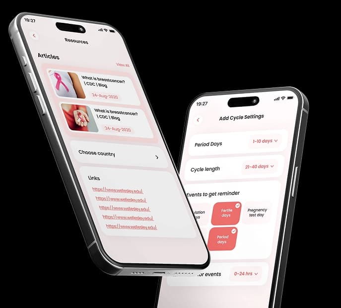 Two BrestInform screens: breast cancer articles and links, and cycle settings with period days, cycle length and reminders