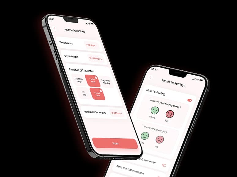 BrestInform cycle settings and reminder settings screens, with options for period days, cycle length and mood