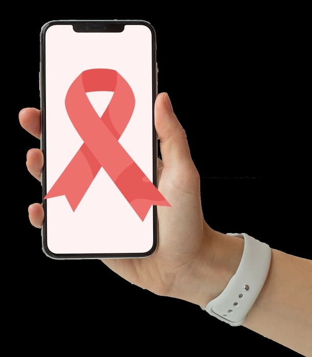 Hand holding a phone that shows a large pink awareness ribbon
