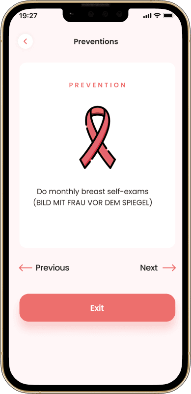 BrestInform prevention tip with a pink ribbon, reminding users to do monthly breast self-exams