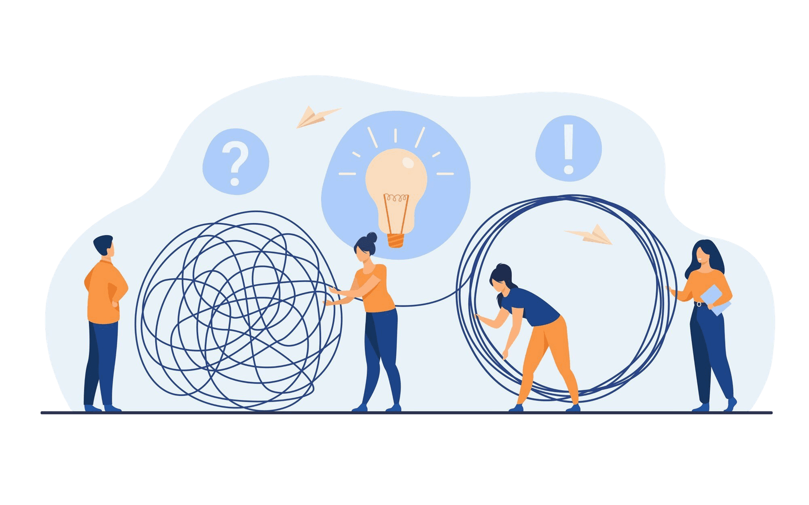 Illustration: a team untangles a knot of ideas into a clean loop