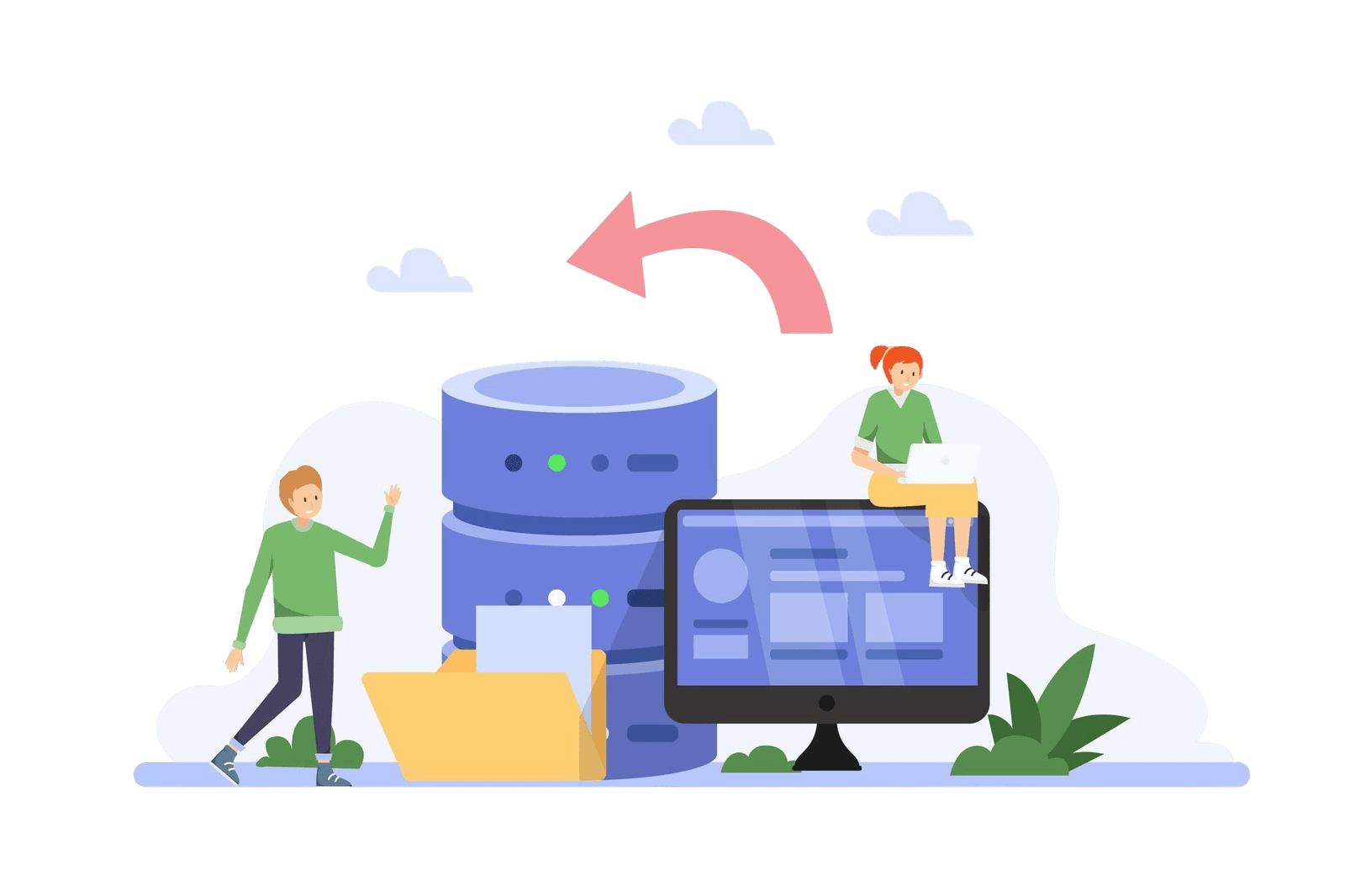 Illustration of a team deploying a product from server to screen