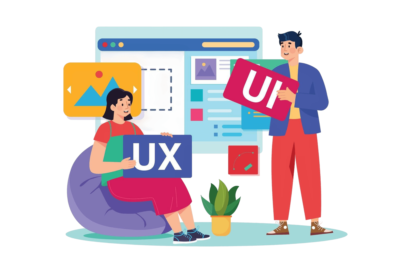 Illustration: designers holding UX and UI cards in front of a page layout