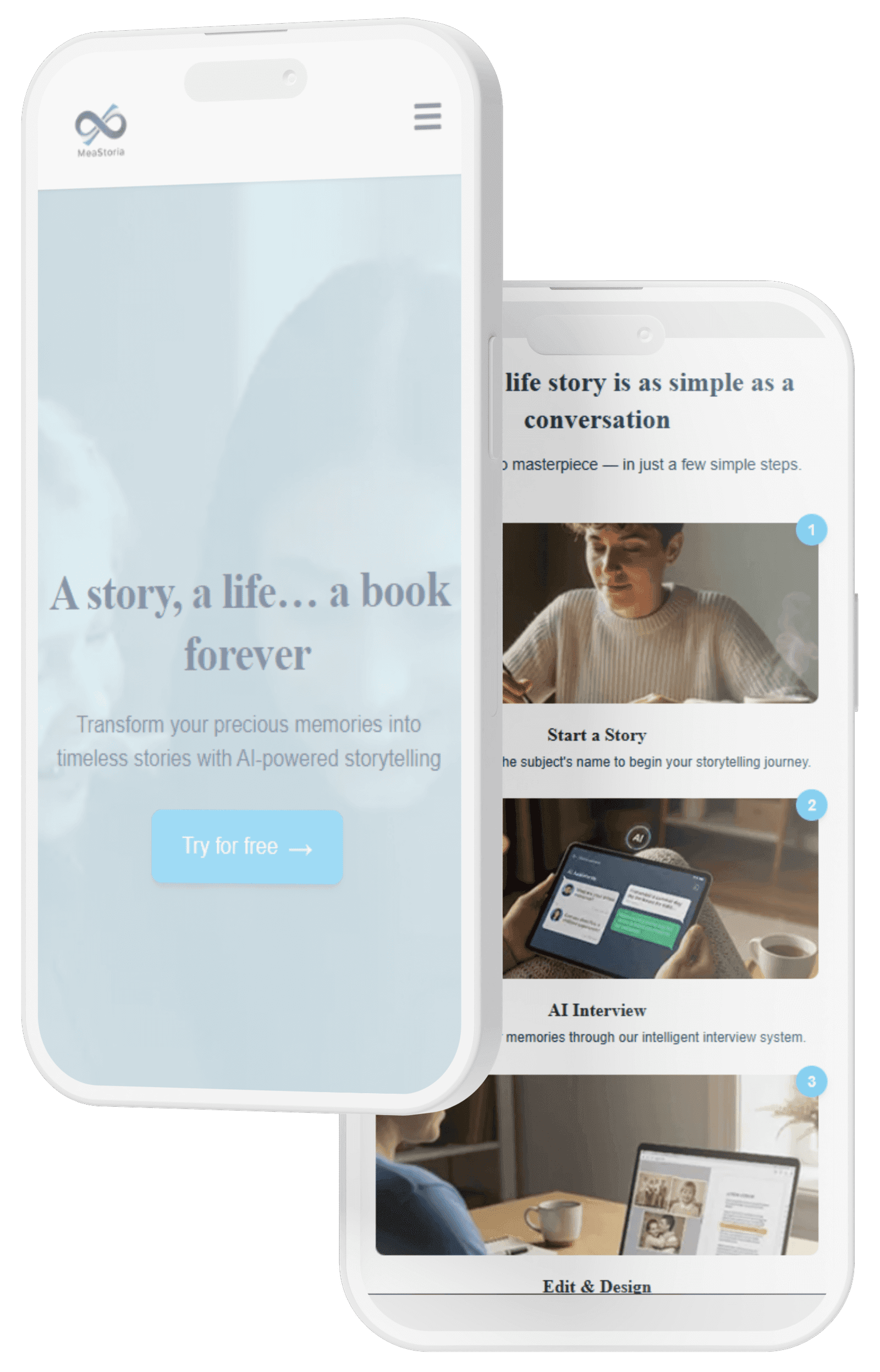 Two phones showing MeaStoria's story pages and chapter list