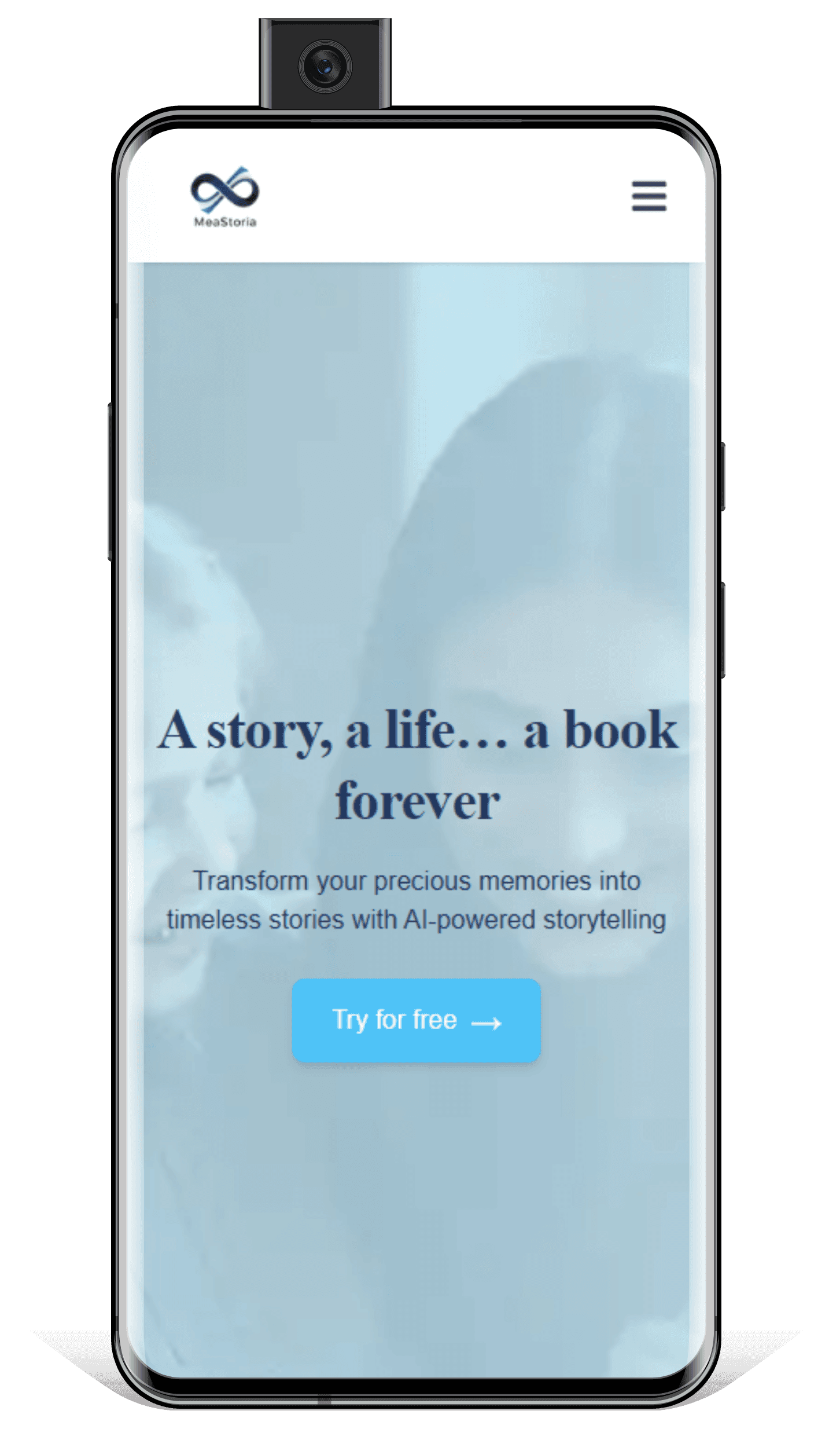MeaStoria home screen on a phone: A story, a life... a book forever