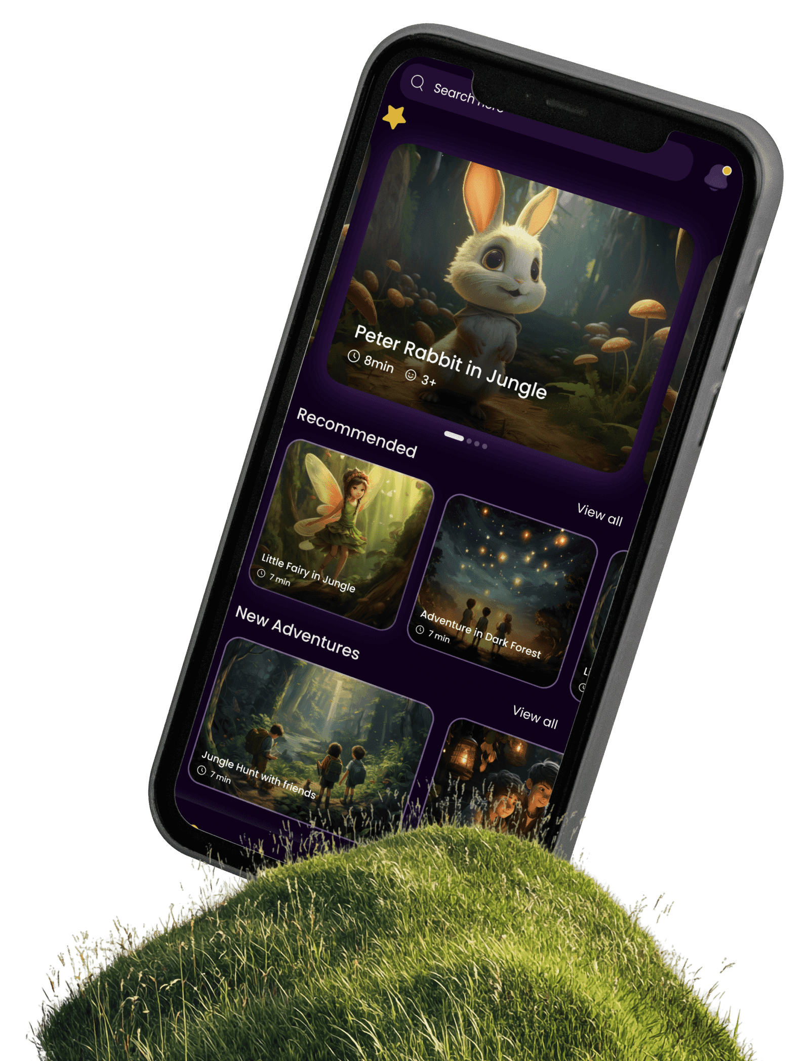 Storybee app home screen with story cards, shown on a phone