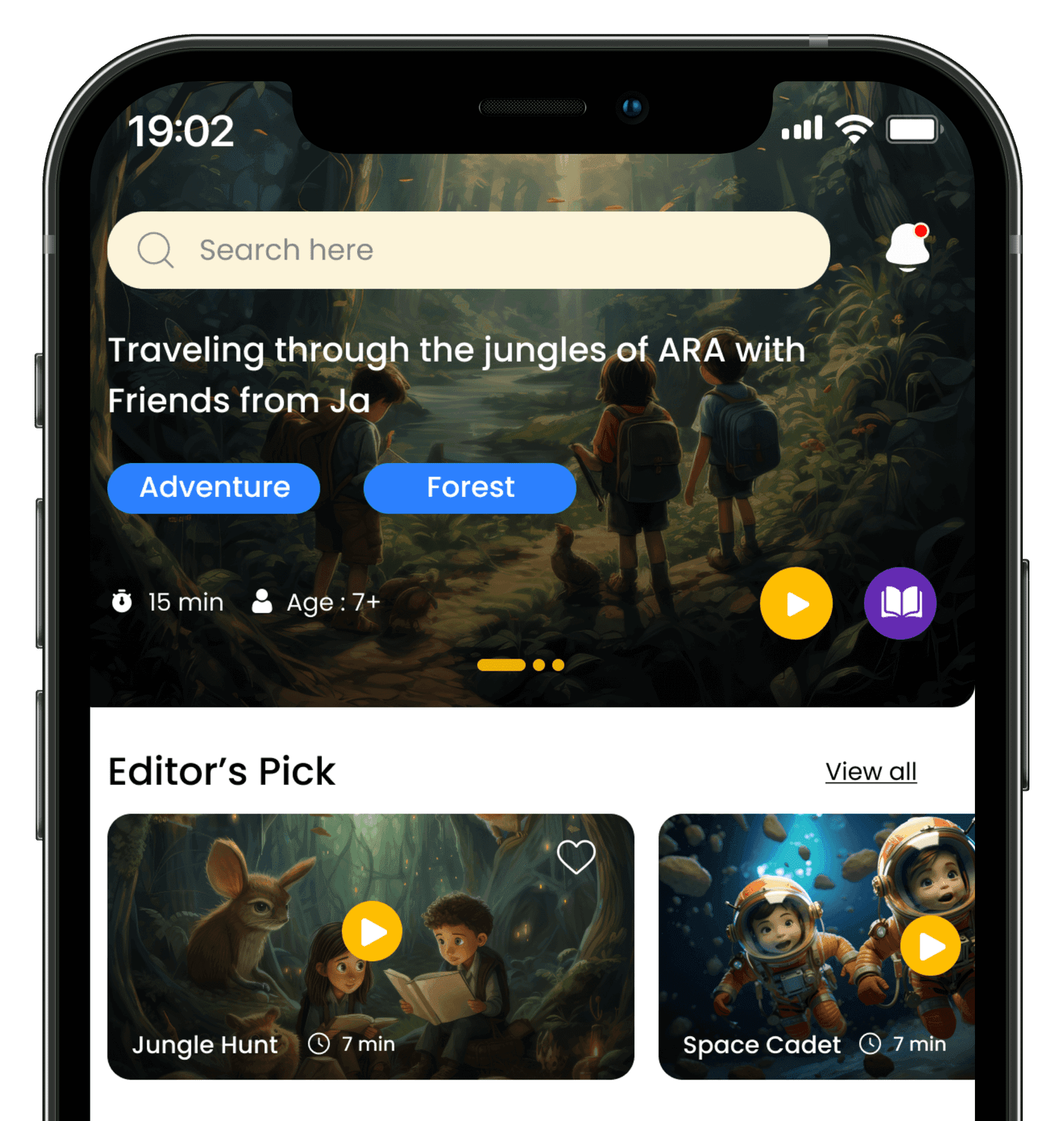 Storybee home screen with a featured jungle adventure and Editor's Pick stories