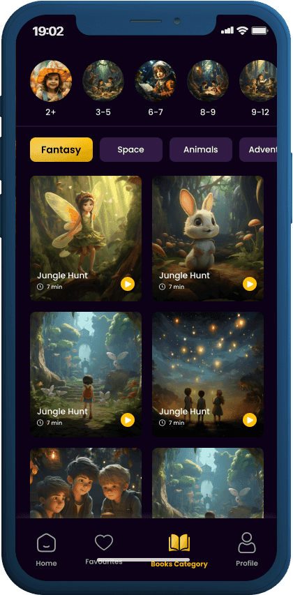 Storybee story grid filtered by age and by Fantasy, Space and Animals genres