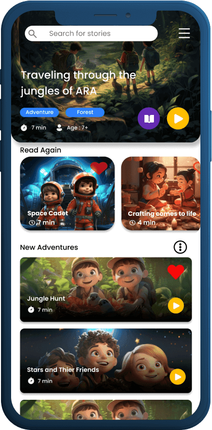 Storybee library with Read Again and New Adventures sections
