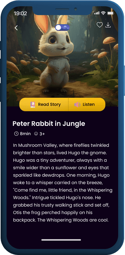 Storybee story page for Peter Rabbit in Jungle with Read Story and Listen buttons