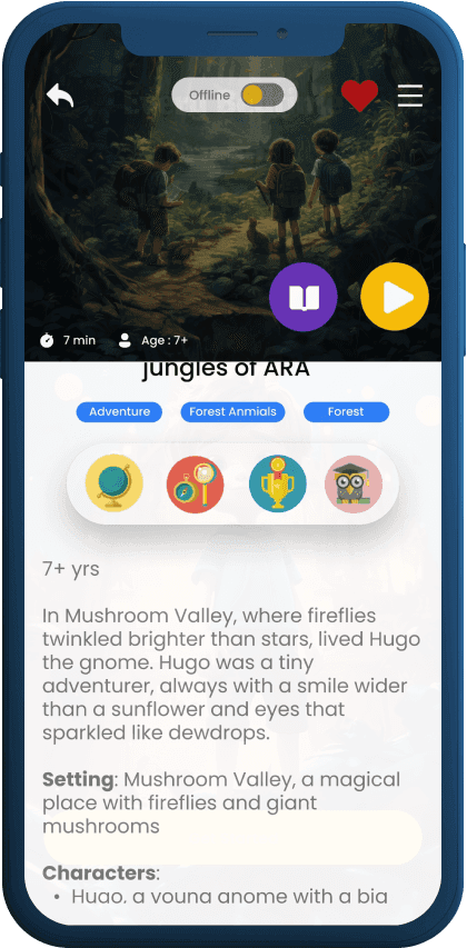 Storybee story details screen with tags, setting and characters