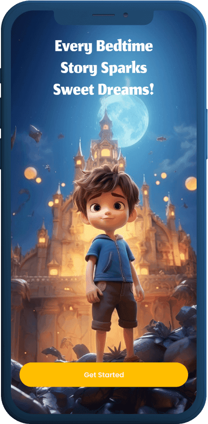 Storybee welcome screen with a child before a moonlit castle and a Get Started button